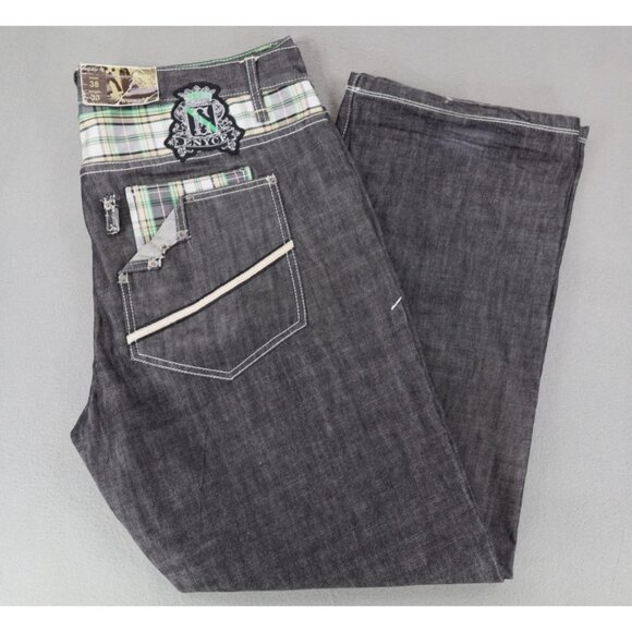 Vintage Y2K Enyce Baggy Jeans Men 38x33 Black Skater Distressed Embroidered Wide - Picture 1 of 12